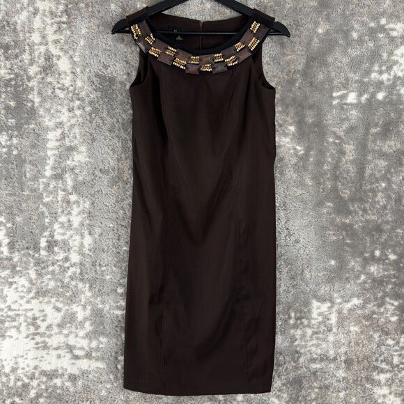 AB Studio Size 6 Beaded Sleeveless Mini Shift Dress Brown ZIp Casual Round Neck - Picture 1 of 10